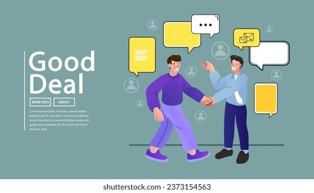 Businessmen shake hands and agree to a contract. Business deal handshake. flat character design. Businessmen came to an agreement and completed the deal. Template for banner or info graphics. vector