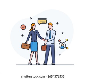 Businessmen shake hands with businesswoman. Virtual communication smartphone. Cooperation interaction. Vector illustration Eps 10 file. Success, Cooperation. line icon illustration