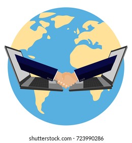Businessmen shake hands from the computer. Handshake of businessmen. Flat design, vector illustration, vector.
