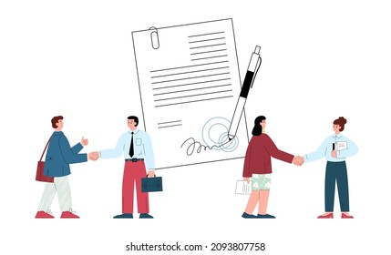 Businessmen shake hands concluding partnership agreement, flat cartoon vector illustration isolated on white background. Business deal and contract concept.