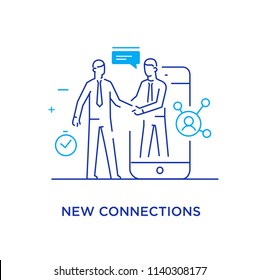 Businessmen shake hands with each other. Virtual communication smartphone. Cooperation interaction. Success, Cooperation. line icon illustration