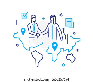 Businessmen shake hands with each other. Arab, Asia. Virtual communication smartphone. Cooperation interaction. Vector illustration Eps 10 file. Success, Cooperation. line icon illustration