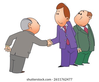 Businessmen shake hands. Good deal. Funny people. Illustration concept template for website, web landing page, banner, presentation, social, poster, promotion or print media.