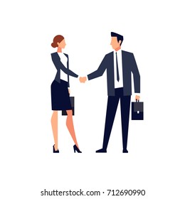 Businessmen shake hands isolated on white background. Businessmen came to an agreement and completed the deal with a handshake. Template for banner or infographics. Vector illustration.