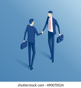 Businessmen shake hands isometric illustration, business concept agreement and cooperation