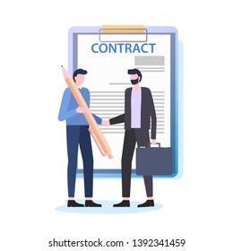 Businessmen Shake Hands Man with Pen Sign Contract Vector Illustration. Business Deal Document Agreement Employment Paper Real Estate Purchase Sale Mortgage Professional Lawer Work