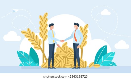 Los hombres de negocios dan la mano. Encuentro de transacciones comerciales de cultivos de venta. Celebración del acuerdo. Trato de grano. Comprar grano. Concepto de ingresos agrícolas. Acuerdo de intercambio. Agribusiness. Ilustración del vector