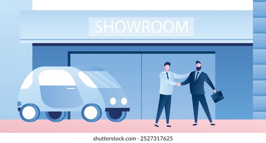 Empresarios se dan la mano cerca del edificio de la sala de exposiciones. Compra o alquiler de vehículo. Vendedor y comprador. Personajes masculinos y coche eléctrico moderno en estilo de moda. Ilustración vectorial