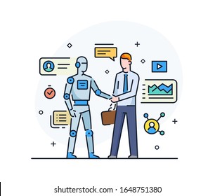 Los hombres de negocios dan la mano con un robot. Teléfono inteligente de comunicación virtual. Interacción de cooperación. Archivo Eps 10 de ilustración vectorial. Éxito, cooperación. ilustración de icono de línea
