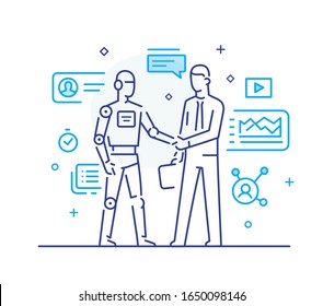 Los hombres de negocios dan la mano con un robot. Teléfono inteligente de comunicación virtual. Interacción de cooperación. Archivo Eps 10 de ilustración vectorial. Éxito, cooperación. ilustración de icono de línea