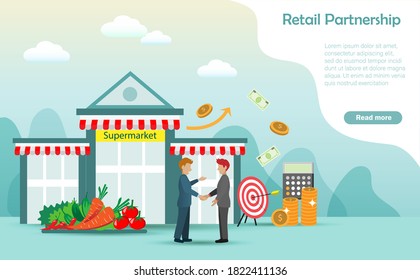 Businessmen shake hands with supplier in front of supermarket with fresh fruits, vegetables and gold coins, Idea for retail partnership, supplier and vendor collaboraion concept. 