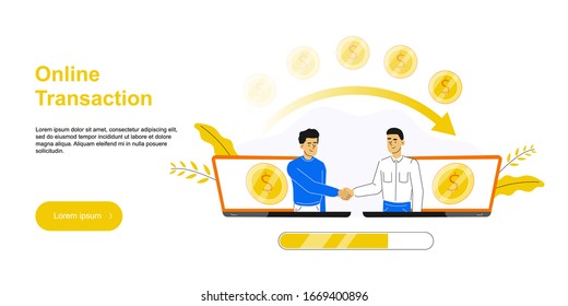Los hombres de negocios dan la mano desde dos computadoras o laptops. Conclusión en línea de la transacción. El concepto de comercio electrónico y de negocios. Iniciando nuevos negocios.Banca en línea. Pago. Ilustración web vectorial.