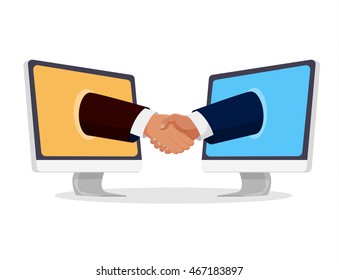 Businessmen shake hands from two computer isolated on white background. Vector illustration. 