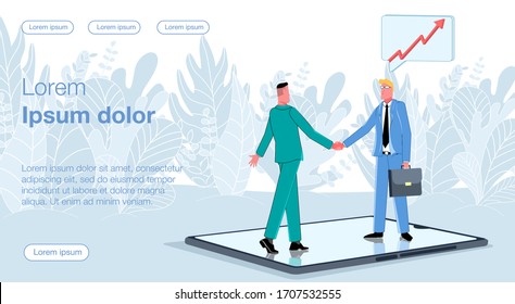 Los hombres de negocios dan la mano mientras están parados en el teléfono. Haz un trato. Ilustración de concepto de vector de negocio.