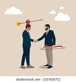 Businessmen shaking hands agreement after finished danger risky apple shot archery show. Trusted partner, believe and confidence in strong business relation, collaboration or trust alliance concept.