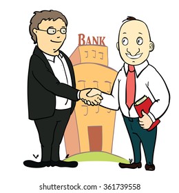 Businessmen shaking hands. Cartoon illustration with a bank on the background