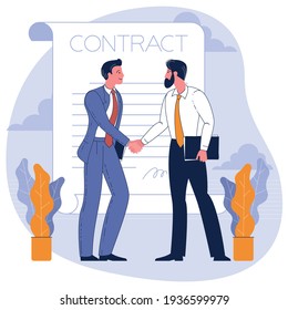 Businessmen shaking hands. Concept business illustration. Young man and woman confirming the agreement, contract or partnership.