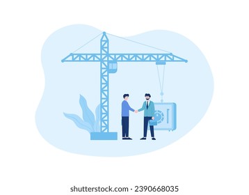 businessmen shaking hands, construction crane trending concept flat illustration