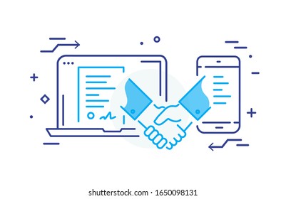 Businessmen shaking hands. contract online signature. Cooperation interaction. illustration Eps 10 file. Success Cooperation. Line icon illustration