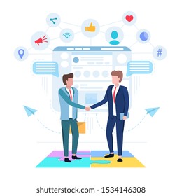 Businessmen shaking hands and discussing their business. Social networks, smm, smo, seo concept. Making a deal. Flat vector illustration