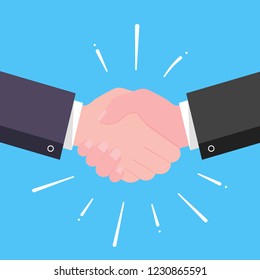 Businessmen shaking hands flat style design vector illustration with abstract rays. Success deal, partnership, greeting, teamwork, hello, handshaking agreement isolated on light blue background.