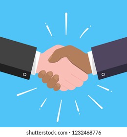 Businessmen shaking hands flat style design vector illustration with abstract rays. Success deal, partnership, greeting, handshaking agreement isolated on light blue background