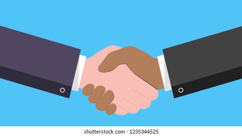 Businessmen shaking hands flat style design vector illustration with abstract rays. Success deal, partnership, greeting, handshaking agreement isolated on light blue background