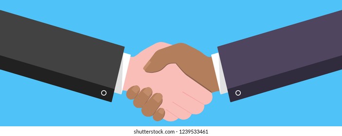 Businessmen shaking hands flat style design vector illustration with abstract rays. Success deal, partnership, greeting, handshaking agreement isolated on light blue background