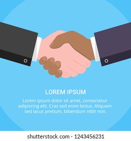 Businessmen shaking hands flat style design vector illustration with abstract rays. Success deal, partnership, greeting, handshaking agreement isolated on light blue background