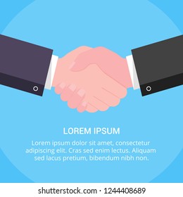 Businessmen shaking hands flat style design vector illustration. Success deal, partnership, greeting, handshaking agreement isolated on light blue background