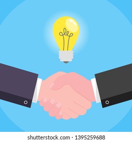 Businessmen shaking hands flat style design vector illustration with light bulb - idea symbol. Success deal, partnership, greeting, handshaking agreement isolated on blue background with glowing.