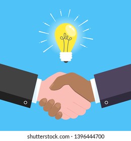 Businessmen shaking hands flat style design vector illustration with lightbulb - idea symbol. Success deal, partnership, greeting, handshaking agreement isolated on blue background with glowing.