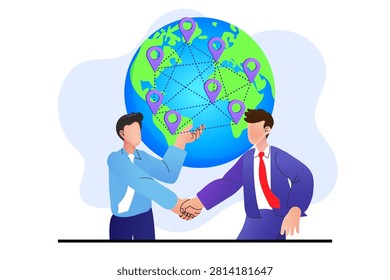 Businessmen shaking hands in front of global network globe on white background. Two male characters making partnership deal, corporate international agreement and worldwide logistics layout.