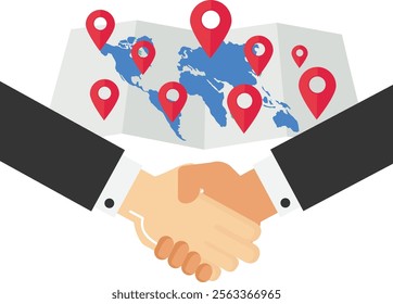 Businessmen shaking hands at the globe. Global Cooperation. Flat vector illustration

