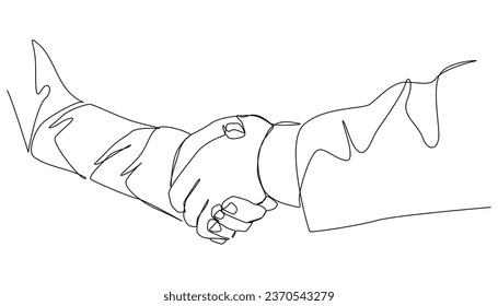 Businessmen are shaking hands and greeting each other, one line art hand drawn free hand vector illustration.