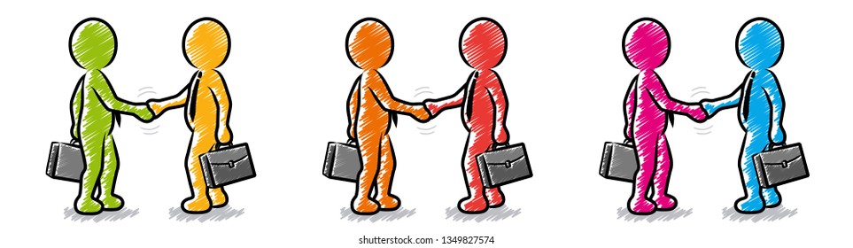 Businessmen shaking hands / Hatched vector drawing / Colorful / Collection, set