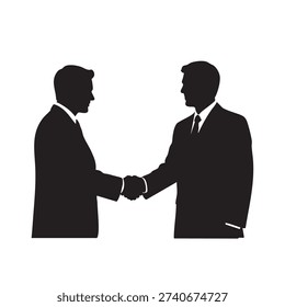 Businessmen shaking hands, isolated vector silhouette. Two men in suits reaching an agreement or concluding a professional meeting. Gesture of partnership, cooperation, and successful negotiation. Corporate professionals establishing connection.
