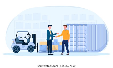 Businessmen shaking hands making cargo insurance deal. Concept of making import and export logistics safe with insurance. Flat cartoon vector illustration