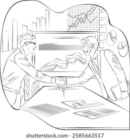 Businessmen shaking hands at meeting in office. Successful business and financial agreement. Teamwork design concept. Sketch. Vector illustration.