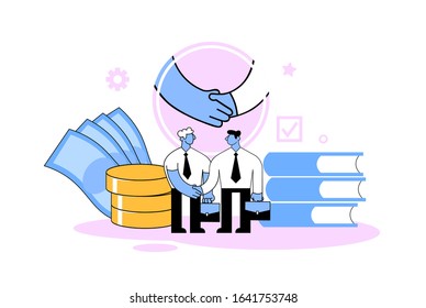 Businessmen shaking hands. Businessmen negotiation, making deal. Cartoon style flat vector illustration. Isolated on white background.
