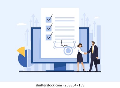 Empresarios dándose la mano en el fondo de la computadora de acuerdo con el contrato firmado. Concepto de negociación empresarial, dispositivos digitales modernos en los negocios y firma electrónica. Vector plano