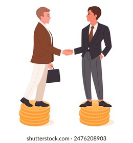 Businessmen shaking hands on dollar coins stacks. Salary equality, financial well-being flat vector illustration. Colleagues revenue equality concept