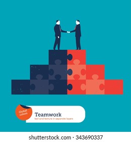 Businessmen shaking hands on a puzzle pyramid. Vector illustration Eps10 file. Global colors. Text and Texture in separate layers.