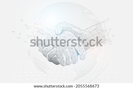 Businessmen shaking hands on a world map. Low polygon line, triangles, and particle style design. Abstract geometric wireframe light connection structure