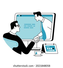 Los empresarios dan la mano al monitor de PC. Ilustración empresarial en línea. 