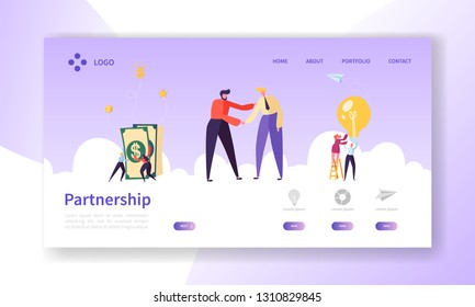 Businessmen Shaking Hands, Partnership Deal Handshake Landing Page. Meeting Agreement Concept. People Character Business Cooperation Website or Web Page. Flat Cartoon Vector Illustration