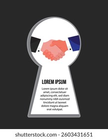 Businessmen shaking hands seen through a keyhole stock illustration. Vector illustration.