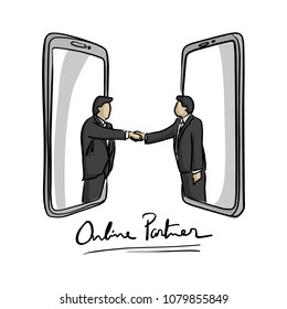 Businessmen shaking hands through display of a big smart phone vector illustration sketch doodle hand drawn with black lines isolated on white background. Business concept.