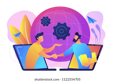 Businessmen shaking hands through laptop screens as online business, conference, meeting, network, deal, negotiations, agreement concept, violet palette. Vector illustration on white background. Businessmen shaking hands through laptop screens as online business, conference, meeting, network, deal, negotiations, agreement concept, violet palette. Vector illustration on white background.