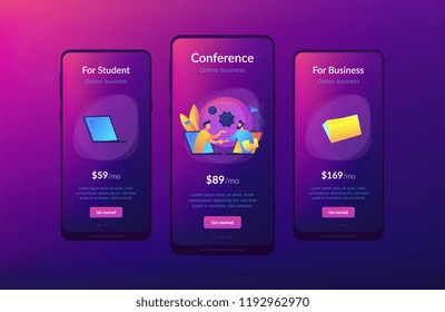 Businessmen shaking hands through laptop screens as online business, conference, meeting, network, deal, negotiations, agreement concept, violet palette. Mobile UI UX app interface template.